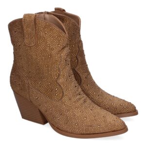 Botines de Tacón Cubano para Mujer, Adornos Brillantes, Diseño Cómodo – Kaki