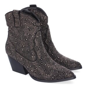 Botines de Tacón Cubano para Mujer, Adornos Brillantes, Diseño Cómodo – Negro