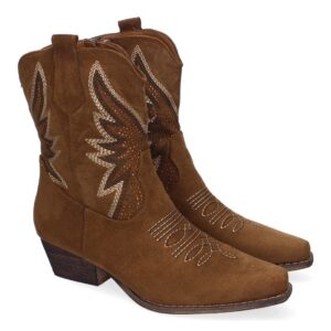 Botines de Tacón Campero, Diseño Elegante con Bordados, Cómodos – Camel