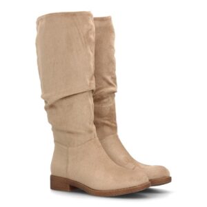 Bota alta mujer caña arrugada tacón bajo cremallera lateral - Kaki