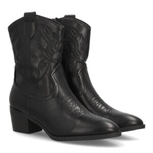 Botas cowboy bordadas de tacón ancho - Negro